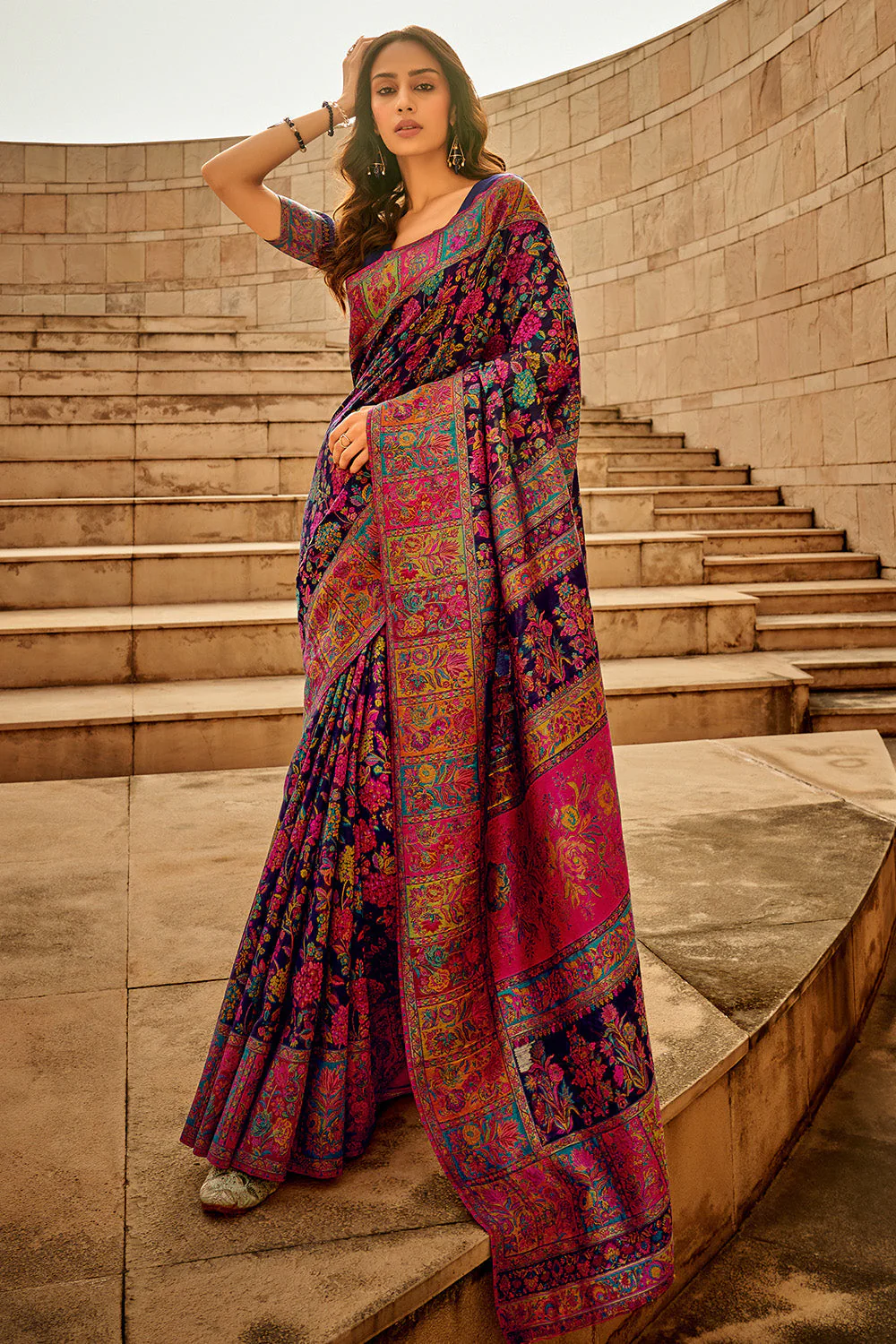 Navy Blue Multi Color Kashmiri Pashmina Saree